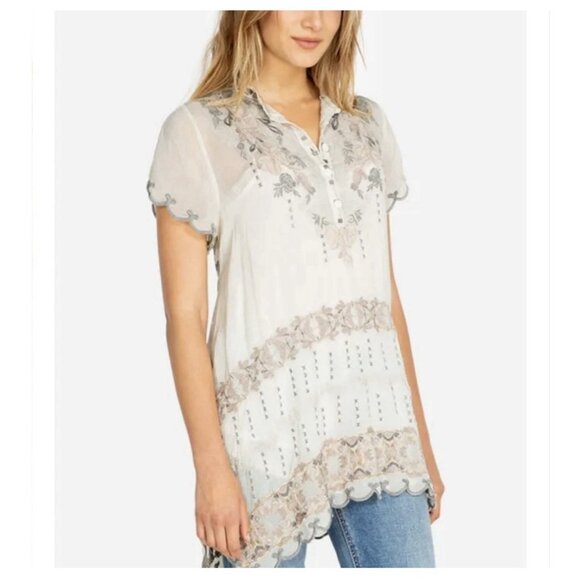 Johnny Was Fletcher Embroidered Lavender Short Sleeve Tunic Top Women’s S Read - Picture 1 of 11
